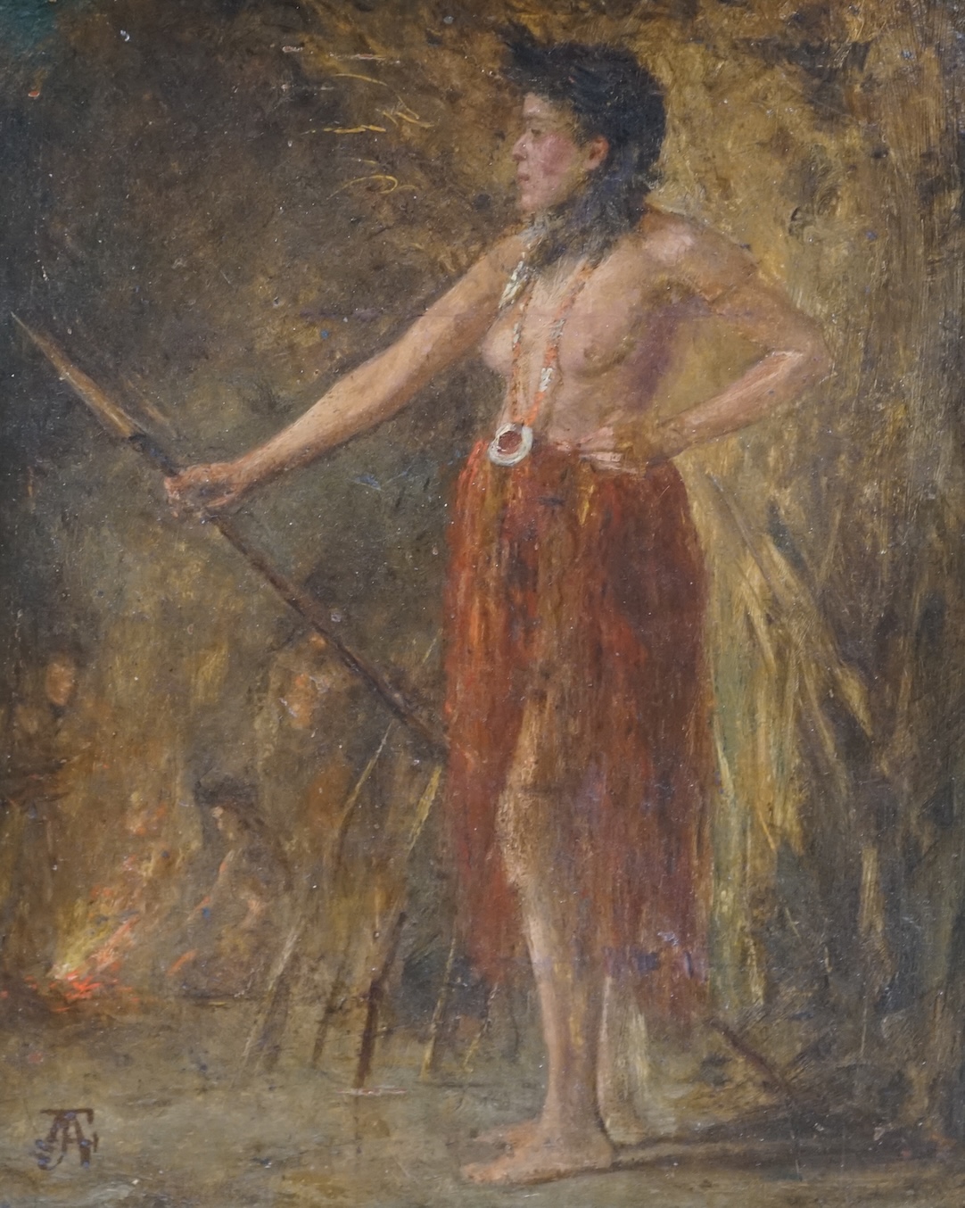 A.J. Foster (Australian?), oil on board, Polynesian female warrior, signed with monogram, 28 x 22.5cm, ornate gilt framed. Condition - fair to good